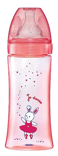 DODIE Biberon Anti-Colique Tétine Ronde 330ml +6 mois 3 vitesses Débit 3 - Rose- Modèle aléatoire
