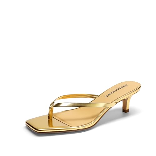 DREAM PAIRS Kitten Heels for Women Flip Flop Low Heels Square Open Toe Sandals Thong 1.96 Inch Heeled Sandals for Summer Vocation,Size 7.5,Gold,SDHS25001W