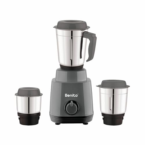 Image of Benito TURIN 550W Mixer Grinder with 3 Stainless Steel Jars | Heavy-Duty Shockproof ABS Body | Powerful Motor with High-Speed Grinding Technology | Elegant Gray & Black Finish | 1-Year Warranty