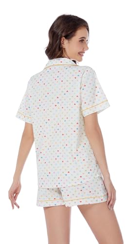 Image of LUBOT 100% Cotton Pajamas for Women 2 Piece PJ Set Poplin Woven Lightweight Ladies Button Short Sleeve Sleepwear S-XXL