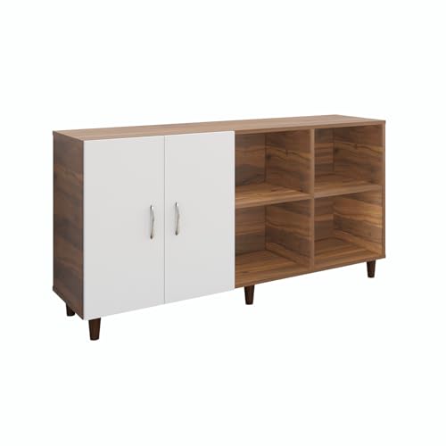 Image of VIKI Modern TV Unit for Living Room | Engineered Wood TV Cabinet with 2 Door Storage & 2 Open Shelves, Entertainment Unit, 140W x 74H x 40D cm | DIY | 1 Year Warranty (Walnut & White)
