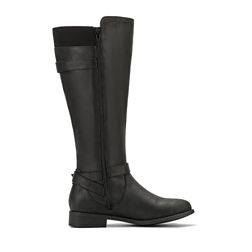 ALLOT Women's Knee High Boots Stretchy Fashion Riding Boot Flat Low Heel Buckle Strap Winter Motorcycle Shoes2