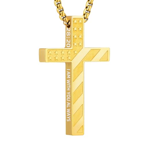 Laeclily Cross Necklace for Men Black Gold Silver American Flag Pendant Chain Bible Verse Stainless Steel Necklaces Mens Stocking Stuffers for Christmas Christian Gifts gold 28:20