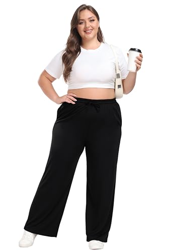 Cheapestbuy Women's Plus Size Casual Pants Comfy Wide Leg Pants Stretchy Loose Fit Lounge Pants with Pockets4