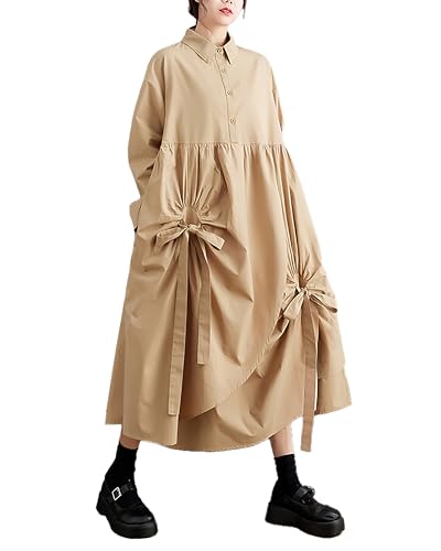Image of Women's Shirt Dress Lapel Button Down Long Sleeve Flowy Hem Solid Color Patchwork Loose Oversize GZ278