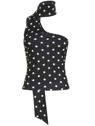 Y2k Polka Dot Tank Top for Women One Shoulder Sleeveless Halter Crop Top Backless Camisole with Scarf4