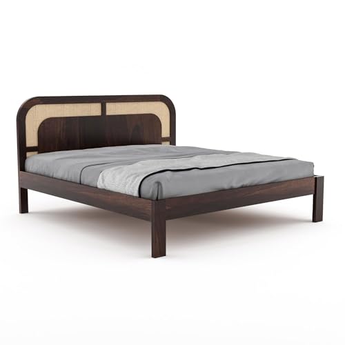 Image of Solid Sheesham Wood Queen Size Bed Without Storage for Bedroom Living Room | Wooden Double Bed Cot for Home Hotel | (Walnut Finish- Indian, Queen Size)