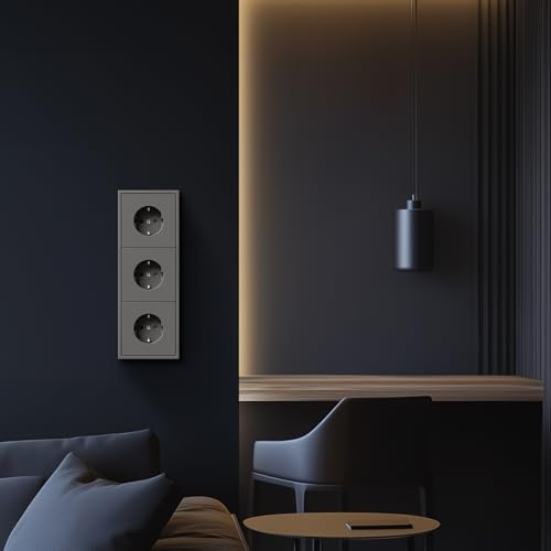 BSEED 3 Fach Schuko Steckdose, 250V 16A Steckdosen Unterputz mit PC Rahmen, Wandsteckdose mit Krallen, Kein Entfernen der Schraube erforderlich, Grau