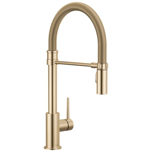 Image of Delta Trinsic Pro Style Commercial Kitchen Faucet with Pull Down Sprayer, Single Hole Brushed Gold Kitchen Sink Faucet, Single Handle, Champagne Bronze 9659-CZ-DST