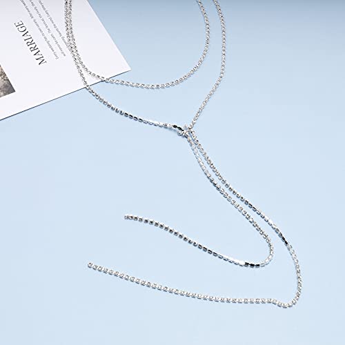 Bling Tennis Chain Necklace Silver Long Rhinestone Choker Necklace CZ Lariat Y Necklace Tie Up Necklace for Women Nightclub Body Chain Jewelry3