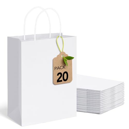 MESHA White Gift Bags 8x4.25x10.5 Inch 20 Pack Small Paper Bags with Handles Bulk Heavy Duty Reusable for Business Grocery Birthday Wedding Kids Party Favors (Made in USA)