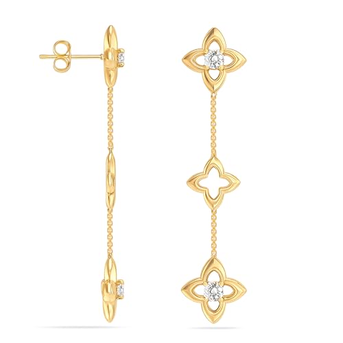 LeCalla 925 Sterling Silver 14K Gold-Plated Push-Back Zirconia Three Clover Flower Stud Drop Dangle Earrings for Women