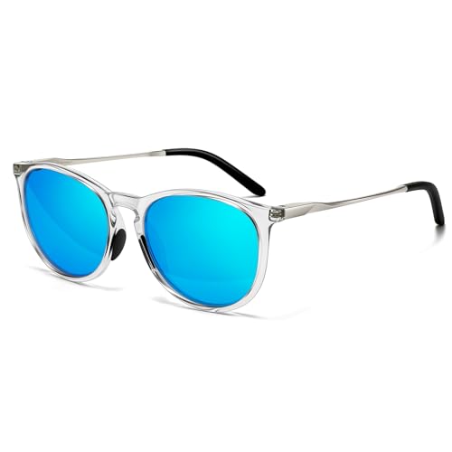 Image of SUNGAIT Original Design Trendy Sunglasses Polarized Vintage Round Classic Retro Style for Women and Men(2026 Transparent Frame /Blue Mirror Lens)