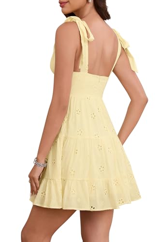 Image of Summer Dress for Women 2026 Floral Eyelet Mini Dress Sleeveless V Neck Tie Shouder Flowy A Line Cute Short Sundress