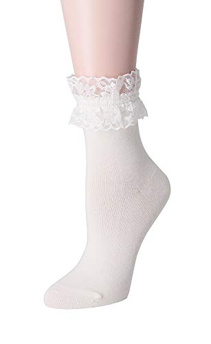 SRYL Women Lace Ankle Socks Ruffle Frilly Cotton Socks Trim Lace,Anklet socks Dress Socks Women or Girls,H04 (White-1 pairs)