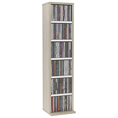 Tidyard CD Cabinet with 6 Open Compartments Chipboard DVDs Media Storage Cabinet CD Shelf White Sonoma Oak for Living Room, Bedroom, Home, Office Furniture 8.3 x 9 x 34.6 Inches (W x D x H)