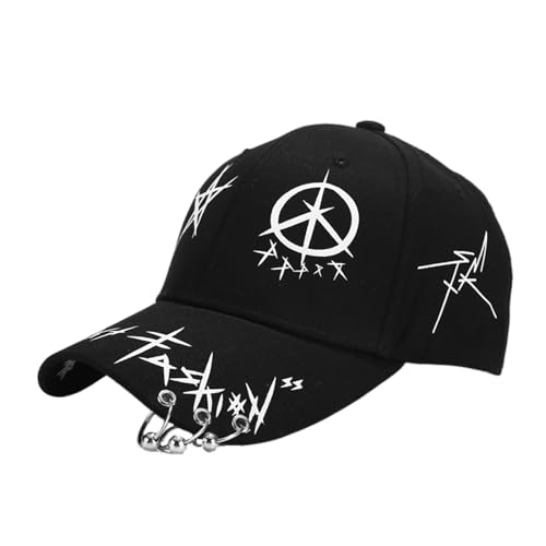 Y2K Gothic Graffiti Baseball Cap for Men Women Emo Alt Baseball Hat with Rings Cyberpunk Streetwear Accessories Cap (Black)