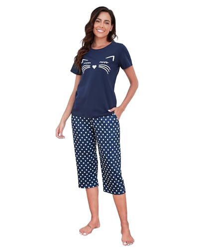 Reliwel Ensemble de Pyjama Femme Coton Pyjama Court Femme Vêtements de Nuit 2 Pièces à Manches Courtes Chat et Pantacourt 3/4 pour Printemps et Été