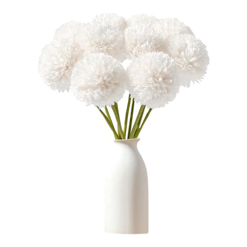 Wekuw 12pcs Flores de Hortensia,Flores Artificiales Crisantemo de Seda PequeñA Bola de Crisantemos Artificiales Bola, para decoración del hogar,Oficina, jardín (Blanco)