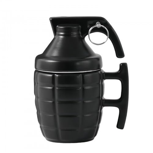Rapidbok Funny Grenade Mug, Ceramic Hand Grenade Mug, Breakfast Cup for Cappuccino, 3D Fun Grenade Beer Mugs, Tea Cup with Lid, Original and Funny Gift Idea, Men, Military Fans