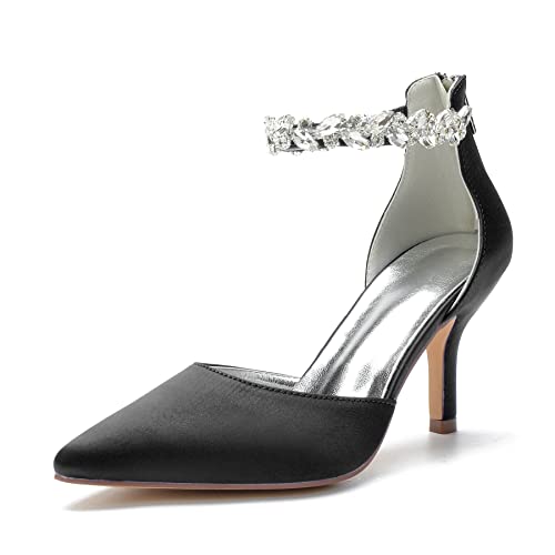 Hyinlays Women Closed Toe High Heels Stiletto Pointed Toe Ankle Strap Crystal Wedding Party Formal Dress Pumps Shoes