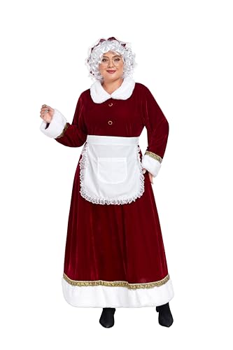 WeGuard Mrs Claus Costume for Women 5PCS Adult Velvet Santa Clause Dress with Hat Apron White Wig Glasses Christmas Suit (XXX-Large)