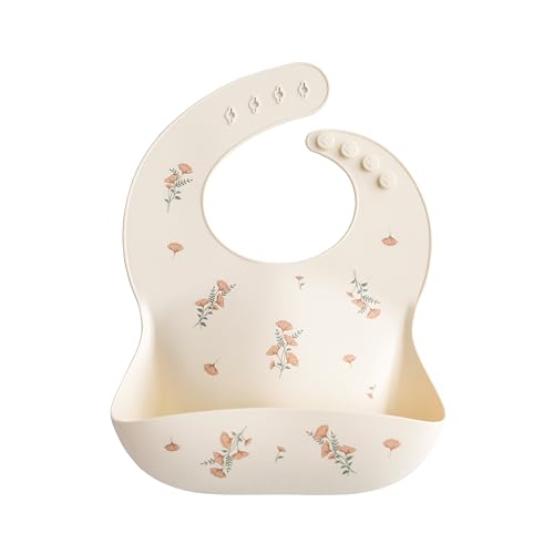 Image of mushie Silicone Baby Bib | Adjustable Fit Waterproof Bibs (Pink Flowers)