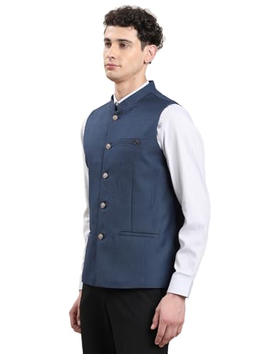 Image of Turtle Men Dobby Texture Tailored Fit Navy Blue Ethnic Waistcoat for Wedding, Reception & Traditional Events||Men's Waistcoat||Modi Jacket for Party, Festive & Formal Occasions