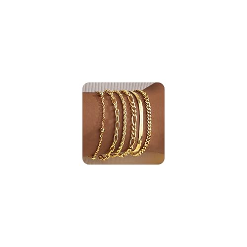 Gold Stack Chain Bracelets for Women Non Tarnish, 14K Gold Plated Bracelets Set for Women, Waterproof Layered Trendy Dainty Thin Cuban Link Paperclip Bracelet Pack for Jewelry Gifts
