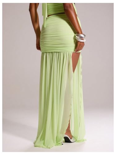Floerns Women's Low Rise Maxi Skirt Ruched Sheer Mesh High Split Party Long Skirts3