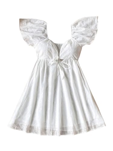 MakeMeChic Women's Casual Ruffle Mini Dress Summer Flutter Sleeve V Neck Tie Front Cutout A Line Dress