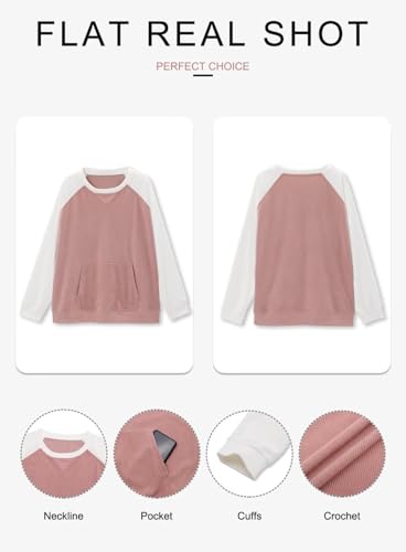 KISSMODA Women's Casual Long Sleeve Sweatshirt Color Block/Solid Crewneck Corduroy Pullover Cute Tops