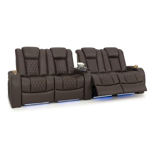 Image of Seatcraft Diamante Brown Italian Leather Home Theater Seating, Zero Gravity Power Recliner Gaming and Home Office Chair, Powered Headrest Lounge Sofa Furniture for Cinema Room, Row of 4 Dual Loveseats
