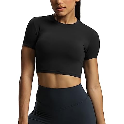 Aoxjox Short Sleeve Crop Tops for Women Classic Longline Workout T Shirt Top (Black, Small) Cover