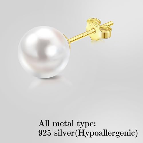 Women's 925 Sterling Silver, Plated 14K (White) Gold Pearl Earrings 8mm Shaped Button or Sphere2