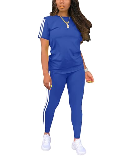 Nimsruc Two Piece Sets For Women Summer Casual Sweatsuits Outfits Matching Lounge Tracksuits Short Sleeve Pants Sets Blue L