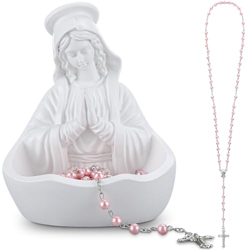Estatua Virgen María con Rosario Rosa en Resina 13.9x10.5x9 cm