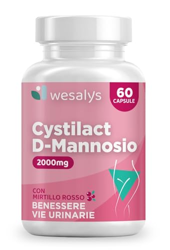 D Mannosio Puro 2000mg | Cistite, CYSTILACT® - 60 CAPSULE con Mirtillo Rosso, Probiotici ed Acido ialuronico | per Candida e Infezioni delle Vie Urinarie | 100% Vegan