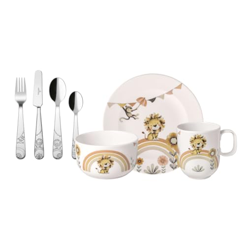 Villeroy & Boch - Boho Kids Roar Like A Lion Kindergeschirr Set 7Tlg., Kindergeschirr Porzellan Und Edelstahl Besteck, Geschirrset Für Kinder, Spülmaschinenfest, Mikrowellensicher, Mehrfarbig