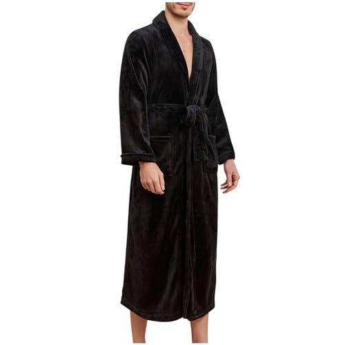 Mens Soft Flannel Plush Long Robe Warm Cozy Long Sleeve Fleece Fuzzy Bathrobes With Pockets Winter Thermal Housecoats