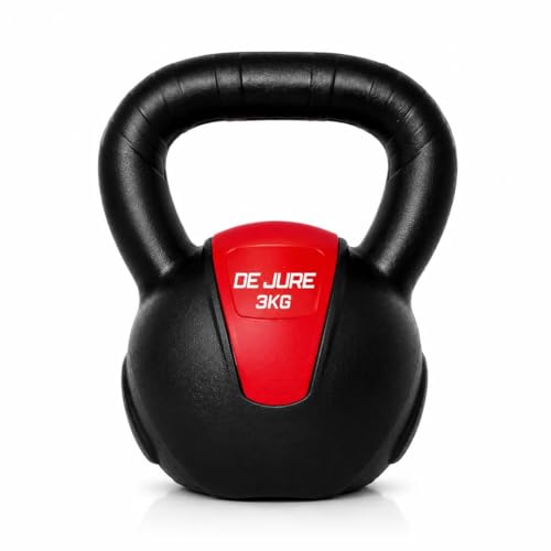 Image of De Jure Fitness PVC Kettlebell 3kg for Men & Women Strength & Cardio Training, Soft Grip, Crushed Concrete Filled, Full Body Workout Equipment for Home & Gym (Red Black)