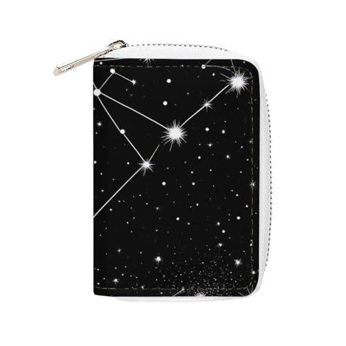 Womens Credit Card Wallet, Portable Mini Zipper Purse Zodiac Constellation Galaxy Black Starry Night Stars Glow Dark Midnight Card Holder Pu Leather Travel Organizer Bag