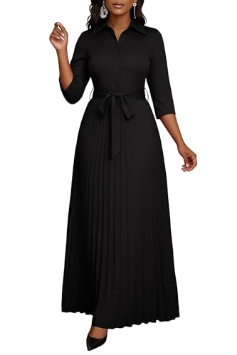 Image of Runwind Maxi Dresses for Women, 3 /4 Sleeve Botton Down Pleated Long Dress with Belt Casual Church Dress with Pockets