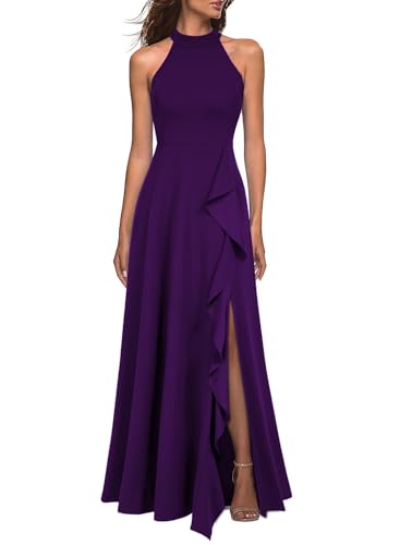 WOOSEA Womens High Neck Sexy Split Evening Cocktail Party Maxi Long Formal Dress Purple