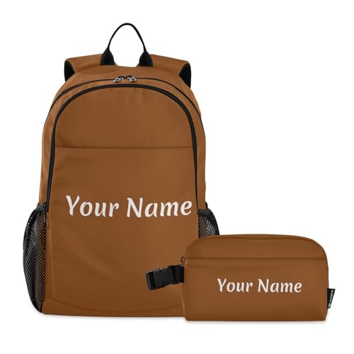 Custom Kids Backpack for Girls Boys Brown Solid Color Personalized Name Kindergarten School Bag with Lunch Box Preschool Bookbag Set