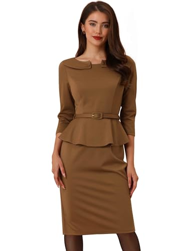 Allegra K Damen 3/4 Ärmel Vintage Bleistiftkleid Figurbetont Rundhals Midikleid Schößchen Etuikleid Braun XL