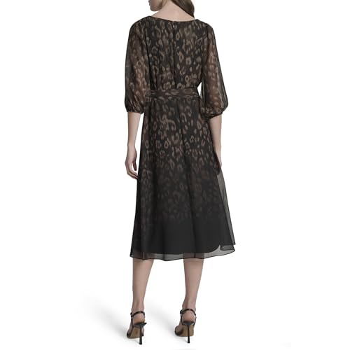 DKNY Women's 3/4 Balloon Sleeve Surplice Neck Faux Wrap Midi Dress with Removable Belt4