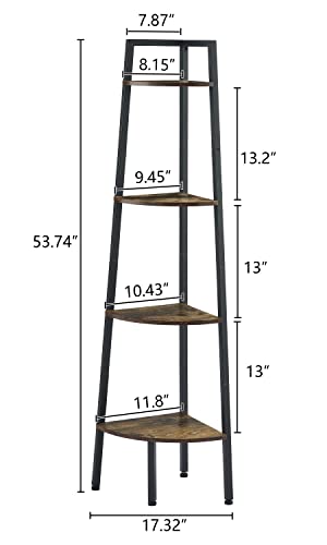 Hoctieon Corner Shelf, 4-Tier Corner Bookshelf, Rustic Ladder Shelf, Industrial Display Stand for Living Room, Kitchen, Home Office, Balcony, Small Space, Metal Frame, Rustic Brown - Image 3