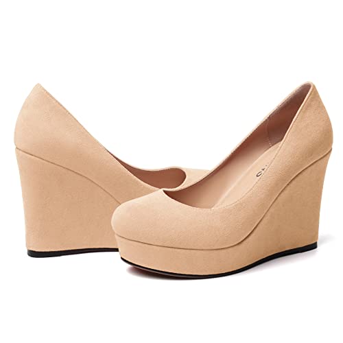 WAYDERNS Womens Platform Evening Suede Slip On Dress Solid Round Toe Wedge High Heel Pumps Shoes 4 Inch 6