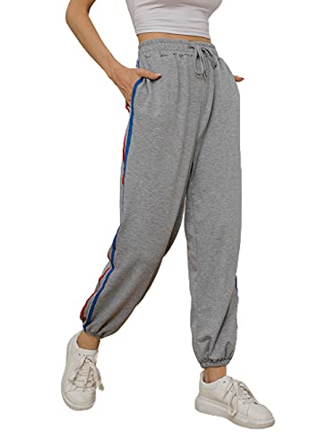 Famulily Pantalon de survêtement décontracté pour femme avec cordon de serrage et taille élastique - Pantalon de sport fuselé à 2 bandes - Pantalon de jogging avec poches - Gris - 36 Cover
